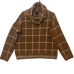 Lumiere Women Knit Sweater Pullover Size M Plaid Brown Cowl Neck Cozy Hi/Low